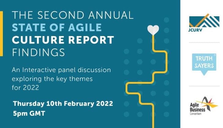 A blue and white poster with the words " second annual state of agile future report findings ".